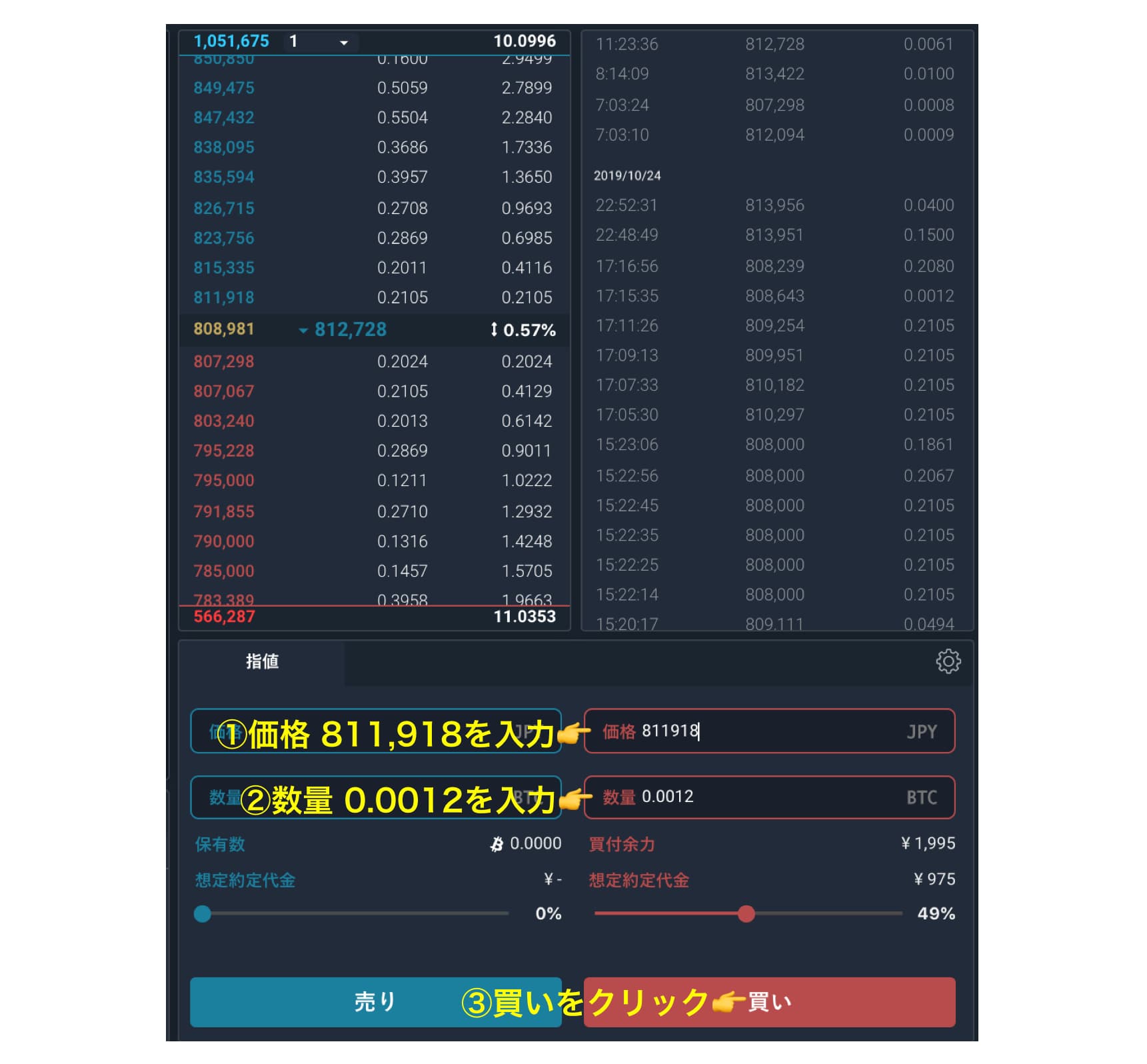BTCJPYの購入画面